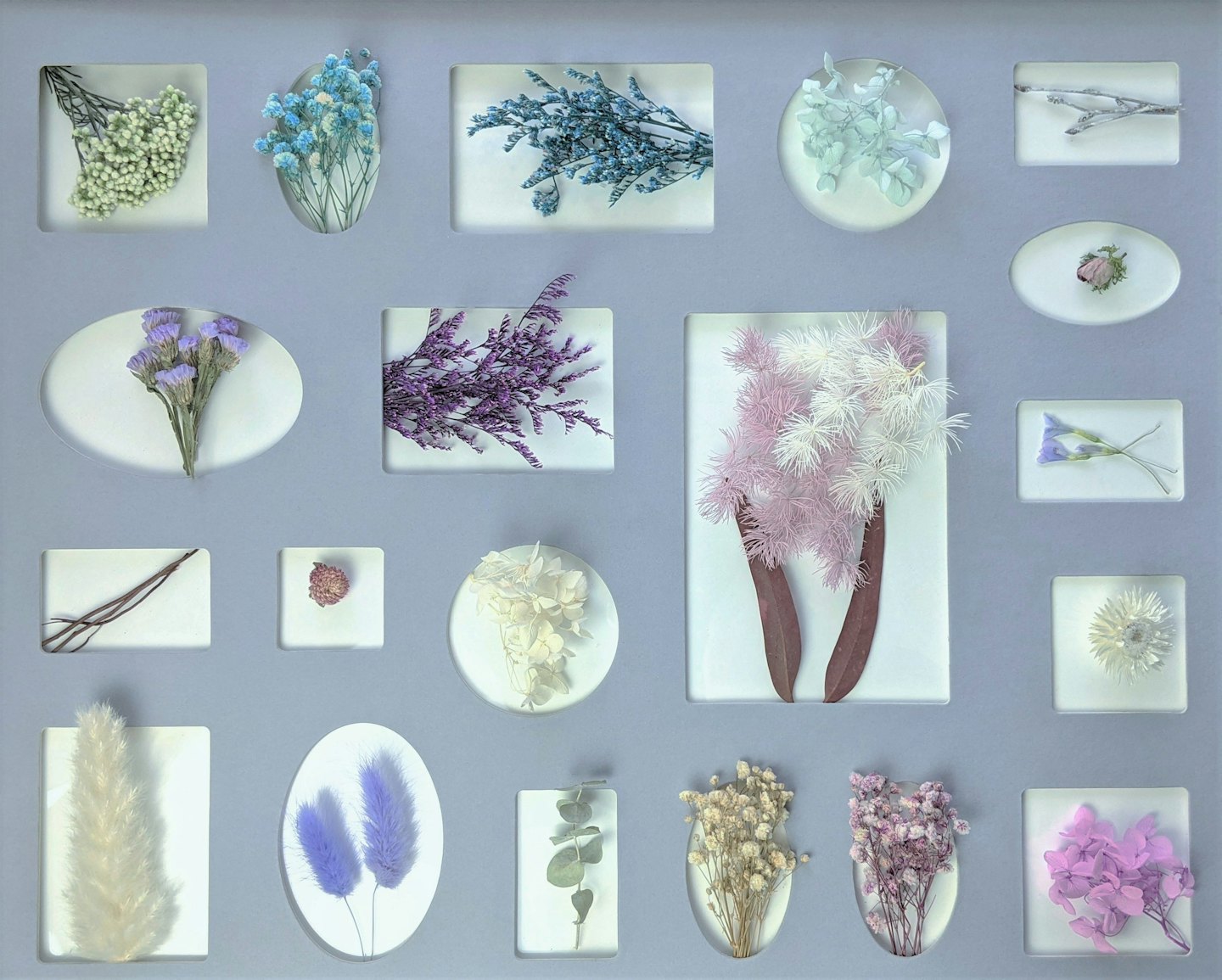 Dried flowers and foliage are preserved in clear resin shapes.