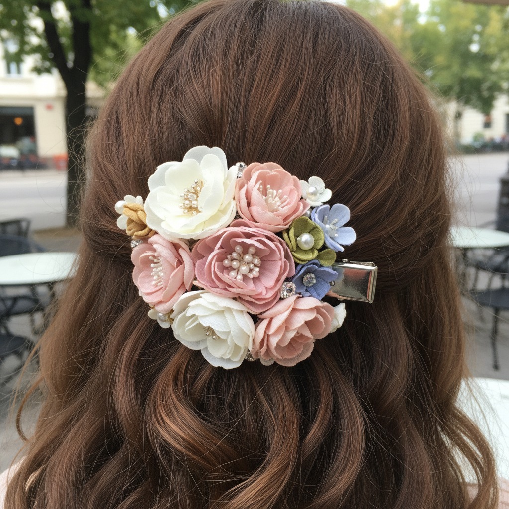 A person with long brown hair wears a large, colorful fabric flower hair clip on the back of their head.