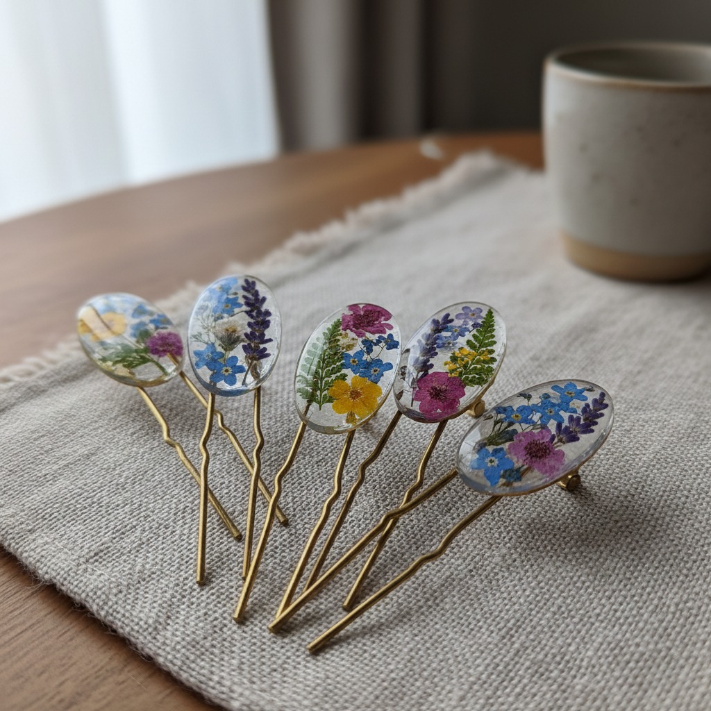 Five handmade hair pins with oval resin tops containing pressed flowers and leaves rest on a linen cloth.
